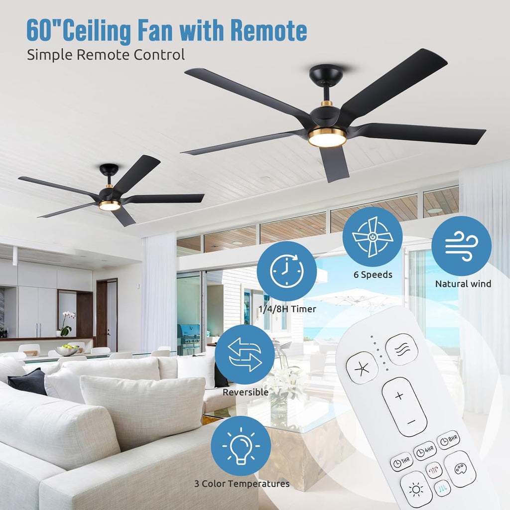 60 Inch Outdoor Ceiling Fan for Patios with Light, Black Gold Ceiling Fan with Long Downrods and Remote Control
