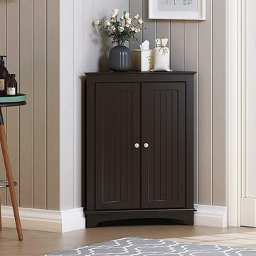Floor Corner Cabinet with Two Doors and Shelves, Free-Standing Corner Storage Cabinets , Espresso | Space-Saving