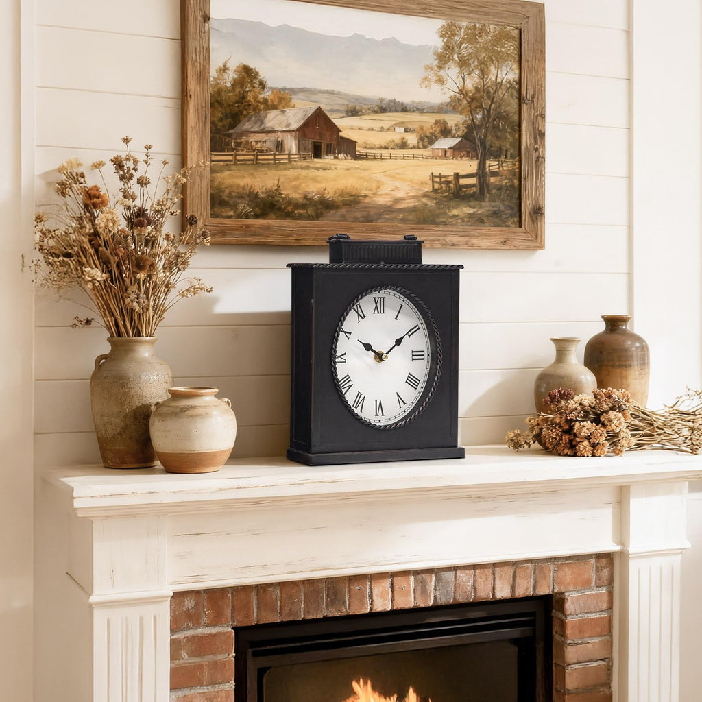 Vintage Mantel Clock, Large Rustic Distressed Metal Table Clock with Handle, Silent Non-Ticking Quartz Movement