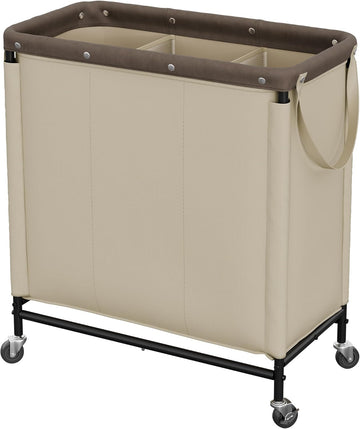 3 Section Laundry Hamper, 120L Tan Sorter Cart with Wheels