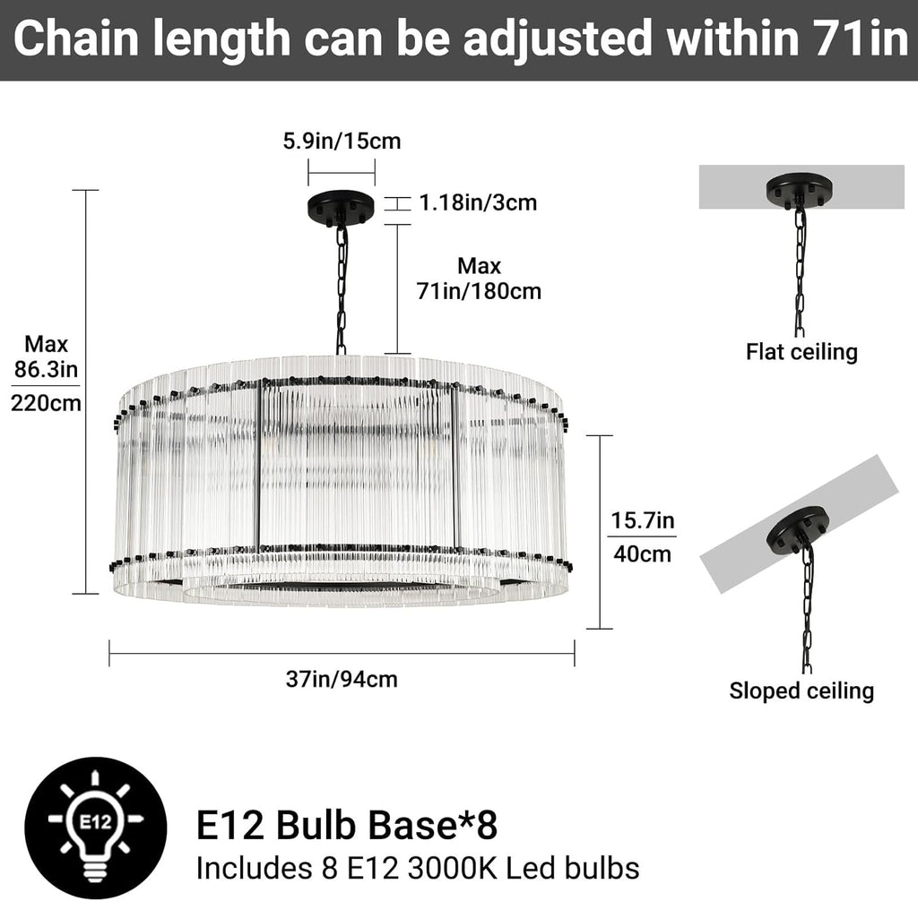 37" Modern Black Round Chandeliers,2-Tier 8-Light Water Ripple Crystal Glass Chandelier,for Dining Room,Living Room,Bedroom,High Ceiling,Foyer Entryway,Luxury Adjustable Hanging Chandelier