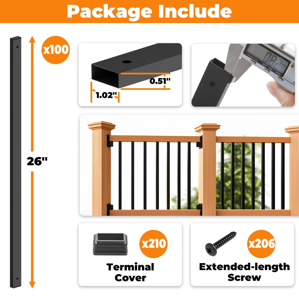 100 Pack 26" Metal Deck Balusters for Deck, Porch and Stair Railings