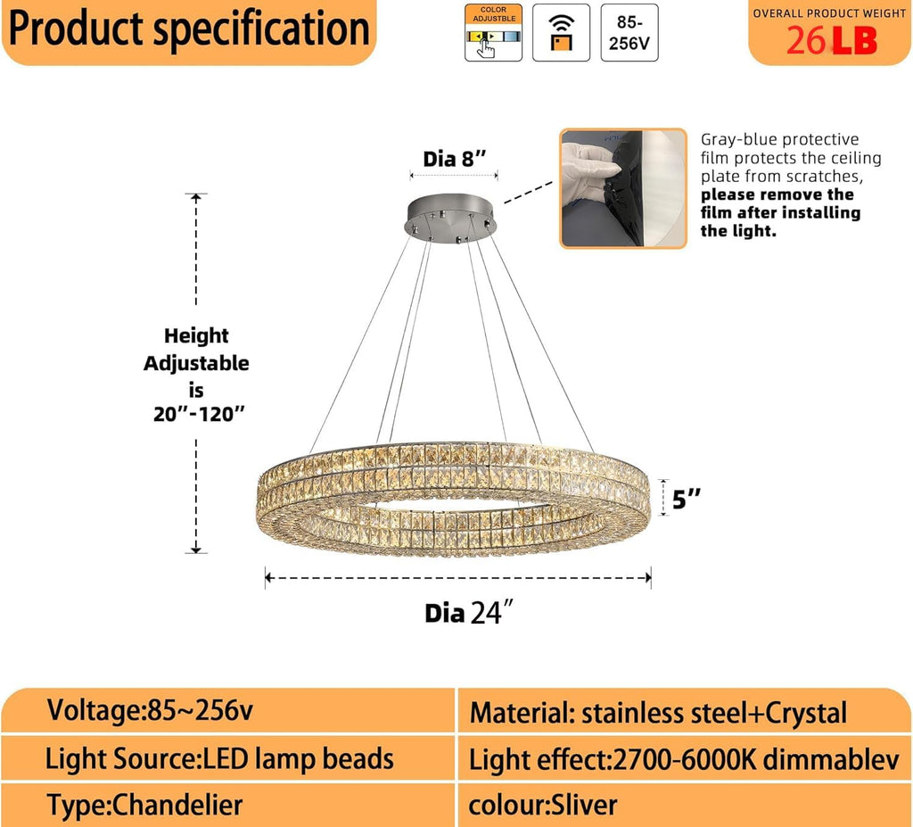 Led Ring Crystal Chandelier, Modern Dimmable Chandeliers Lighting and Hanging Adjustable, LED Round Ceiling Light for Dining Room Living Room 24" Silver