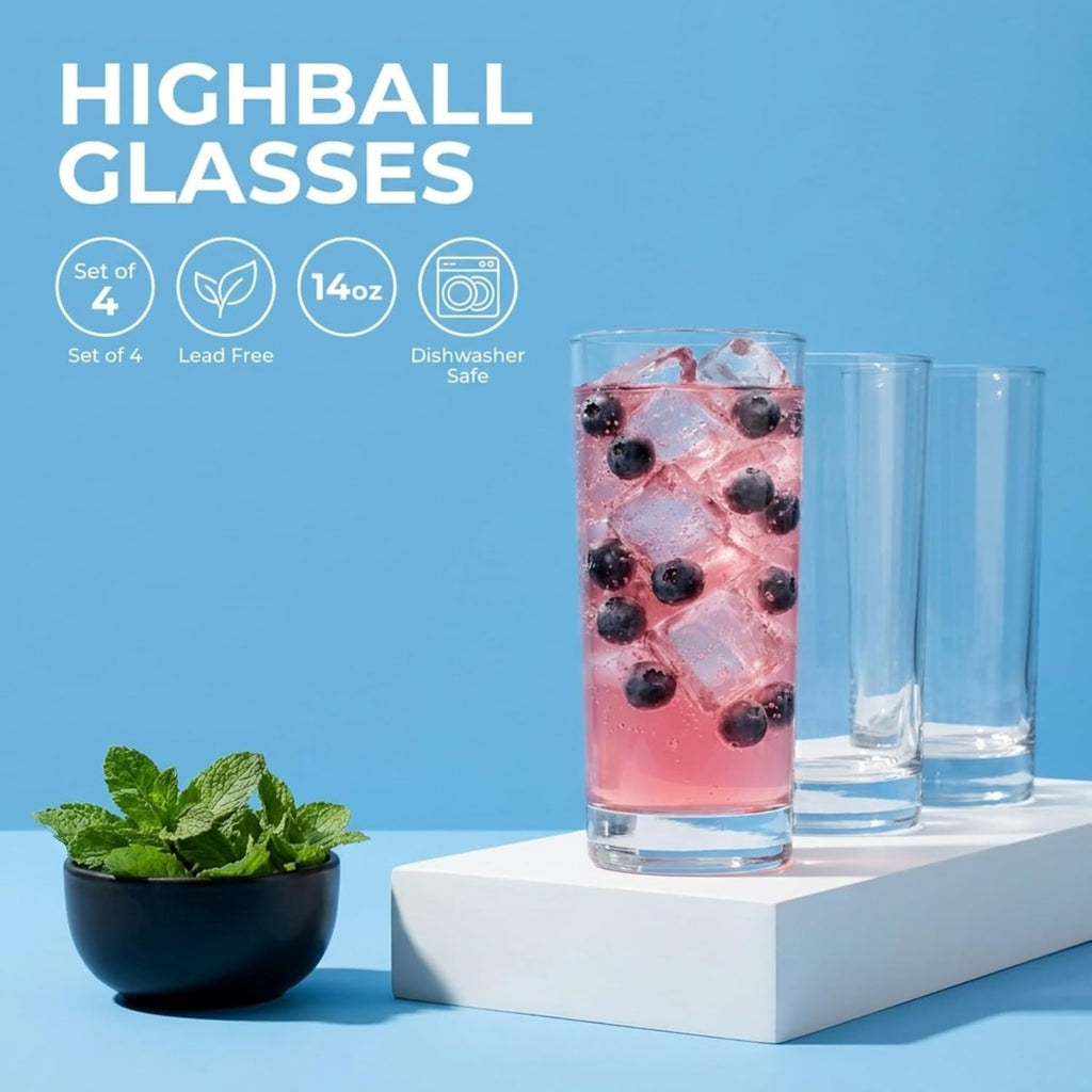 Highball Drinking Glasses, Italian Made Tall Glass Cups, Water Glasses Drinking Set, Cocktail Glasses - 14oz, Set of