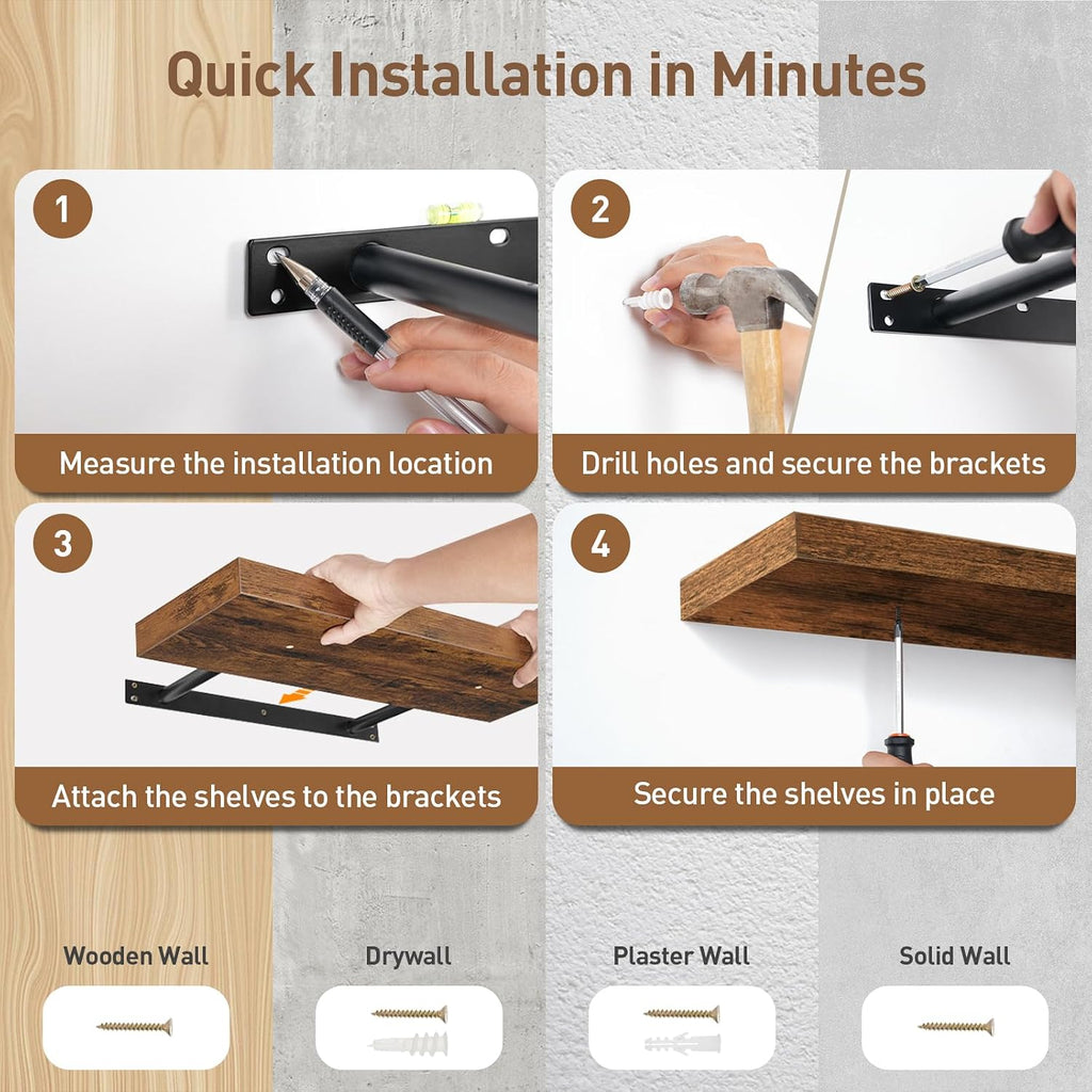 Floating Shelves for Wall, 23.6" Wall Shelf Set of 3 with Invisible Brackets, 1.5" Thick Hanging Shelves Farmhouse