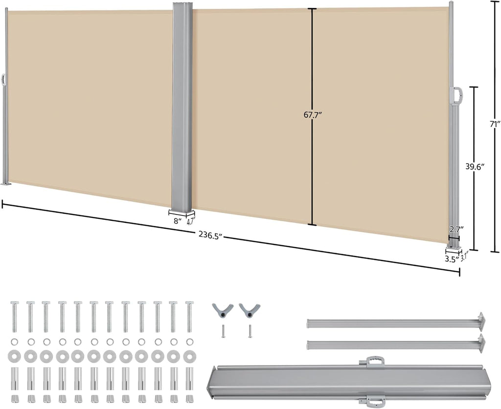 236x71in Double Retractable Side Awning Privacy Screen Beige | Dual-side retractable design, fits concrete & wood