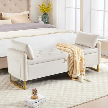 65" End of Bed Storage Bench, Velvet Storage Bench , Bed Bench with Storage, Tufted Upholstered and Gold Legs