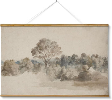 Extra Large Size Canvas Wall Art, 36x54 Vintage Scroll Hanging Landscape Print, Rustic Watercolor Countryside Scene