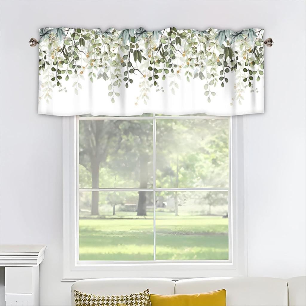Sage Green Eucalyptus Leaves Curtain Valance for Windows Watercolor Window Treatments 1 Panel Short Curtains