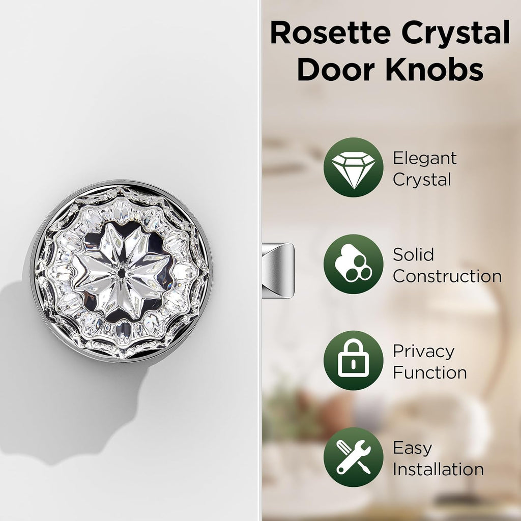 1 Pack Crystal Door Knob, Rosette Shaped Glass Door Knobs Interior with Lock, Polished Chrome Door Knobs Interior