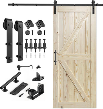 36in x 84in Sliding Barn Door with 6.6ft Barn Door Hardware Kit Included, Unfinished Solid Spruce Wood Door, Assembly