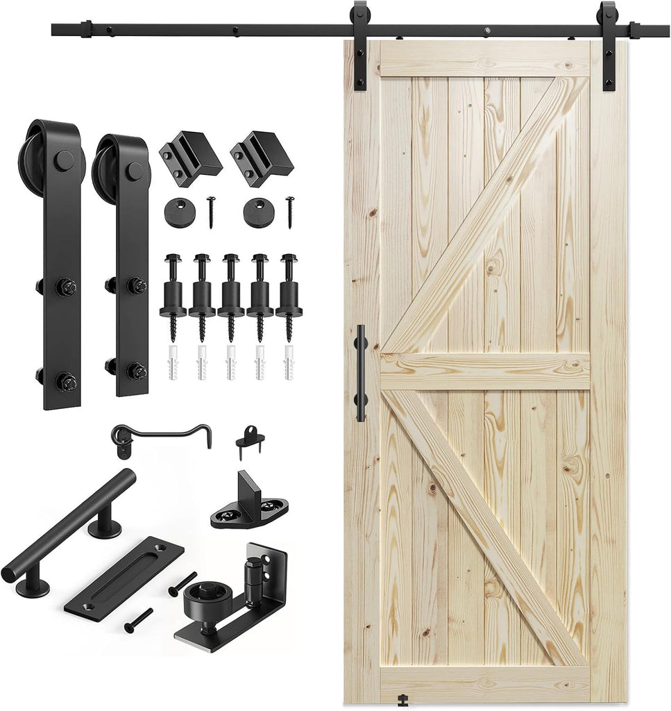 36in x 80in Sliding Barn Door with 6.6ft Barn Door Hardware Kit Included, Unfinished Solid Spruce Wo