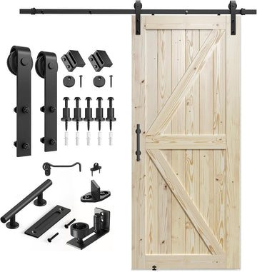 36in x 80in Sliding Barn Door with 6.6ft Barn Door Hardware Kit Included, Unfinished Solid Spruce Wo