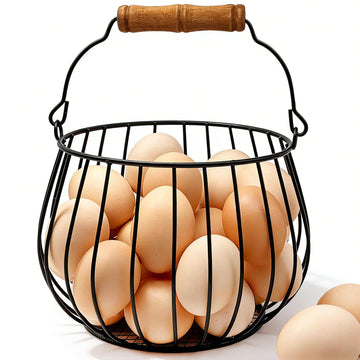 Wire Egg Basket for Gathering Fresh Eggs, Holds 24 Eggs with Wood Handle