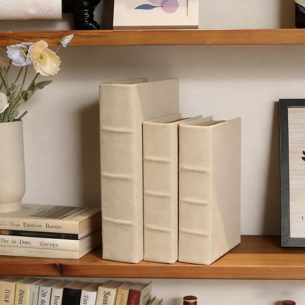 Set of 3 Linen Decorative Book Boxes with Hidden Storage - Modern Neutral Linen Fabric Faux Books for Shelf Decor