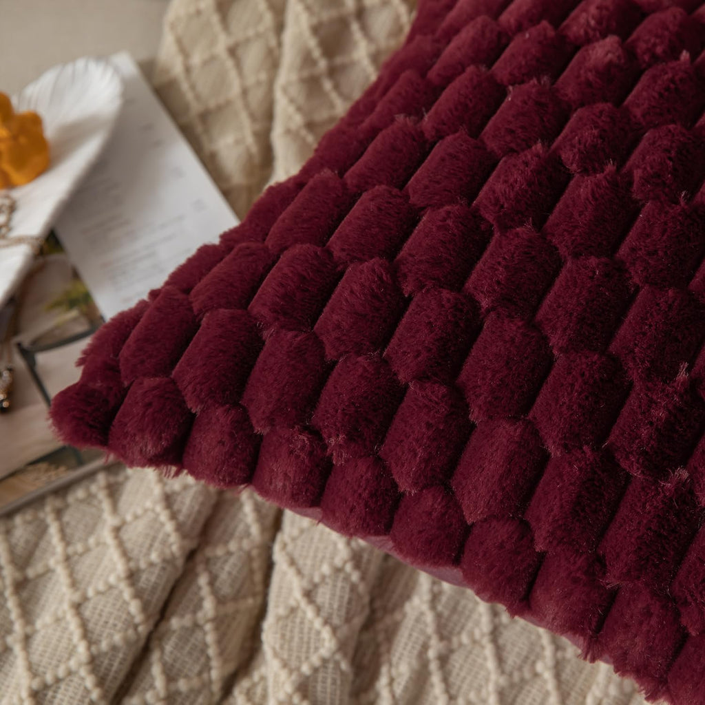 Pack of 2 Burgundy Super Soft Plush Fluffy Decorative Throw Pillow Covers 18x18 inch Faux Fur Wool Velvet Cushion