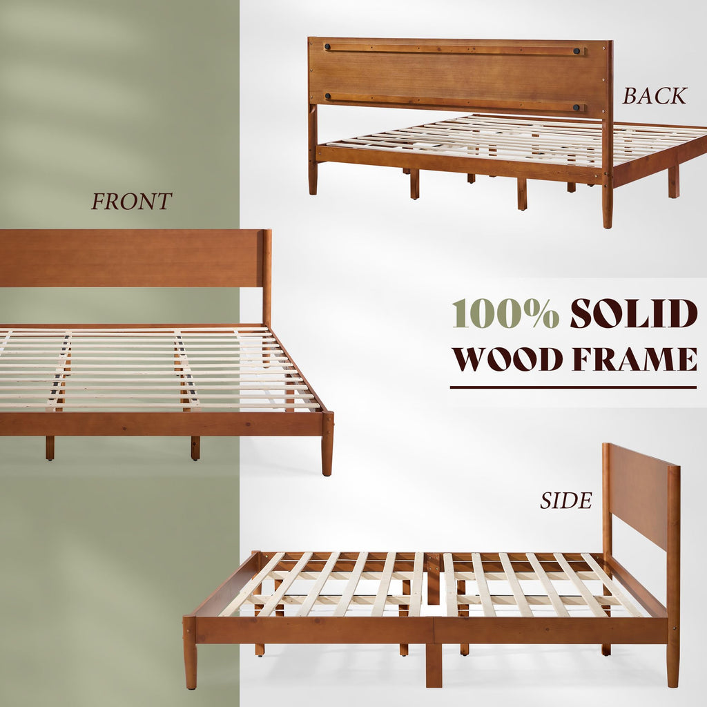 Solid Wood Full Bed Frame, Mid Century Bed with Headboard, Brown