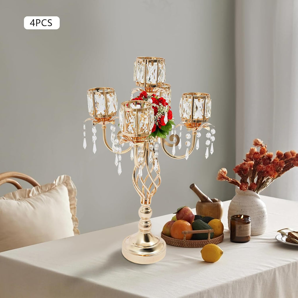5-Arm Crystal Candelabra Centerpiece, 4PCS Gold Luxury Candle Holder | Fit 2.75 Inch LED Electronic Candles, for