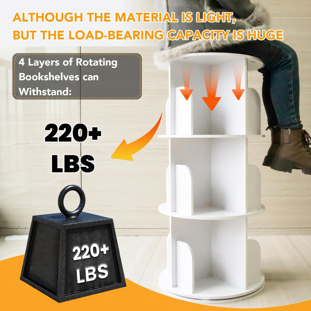 4 Tier Rotating Bookshelf Tower, Spinning Bookshelf, Revolving 360° Bookcase Storage Round Carousel