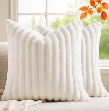 Pack of 2 Throw Pillow Covers 18x18 Decorative Solid Plush Faux Fur with Soft Velvet Back, Square Striped Cushion