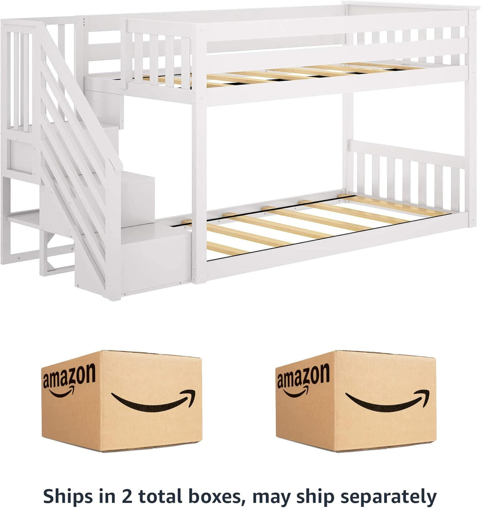 Low Bunk Bed, Twin-Over-Twin Bed Frame For Kids With Stairs, White