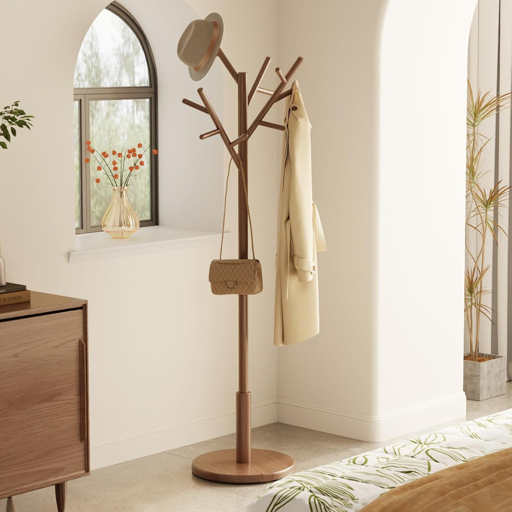 Coat Rack, Solid Wood Coat Rack Freestanding With 12 Hooks, Coat Tree Freestanding Heavy Duty 3 Adjustable Heights