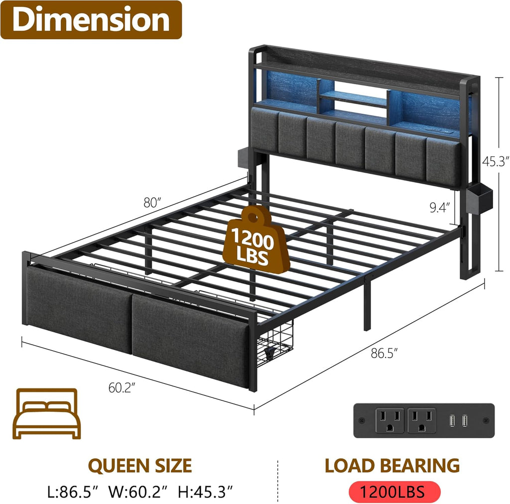Queen Bed Frame with Storage Drawers, Upholstered Headboard with LED Light & Charging Station