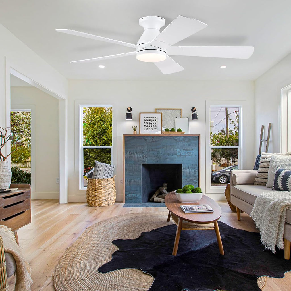 52in Ceiling Fans with Lights - White Flush Mount Ceiling Fan Light with Remote, 6 Wind Speeds and Reversible, Modern Low Profile Fan Light for Indoor/Covered Outdoor