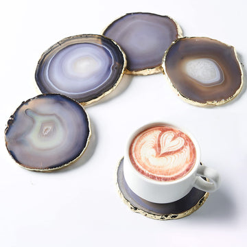 Gray Agate Coasters for Drinks - Geode Set of 4, Gemstone Crystal Natural Stone Slices for Coffee Table, Home Decor