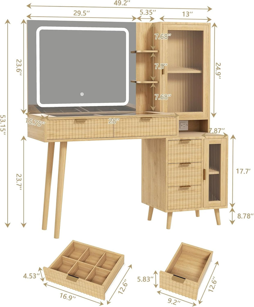 49" Wooden Vanity Desk with Mirror and Lights, Fluted Boho Makeup Vanity Table with Modern Glass Top, Charging