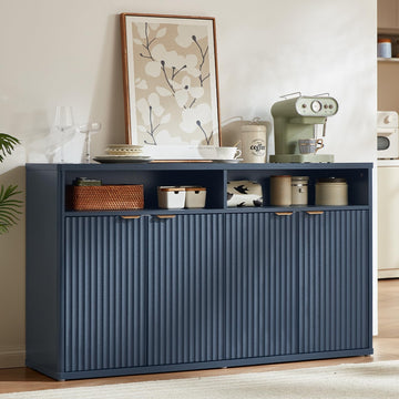 55-Inch Fluted Buffet Cabinet with 4 Doors, Dark Blue
