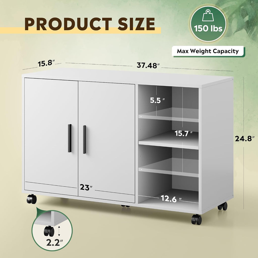 Office File Cabinet, Rolling Printer Stand, White | Lateral Storage Cabinet, Doors and Shelves, Mobile Filing