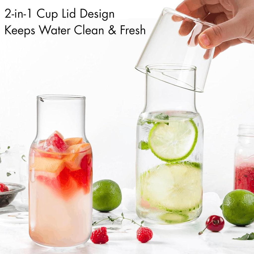2 Sets 17 Oz Bedside Water Carafe and Glass Set, Nightstand Water Pitcher with Cup Lid, Juice & Mouthwash Bottle or