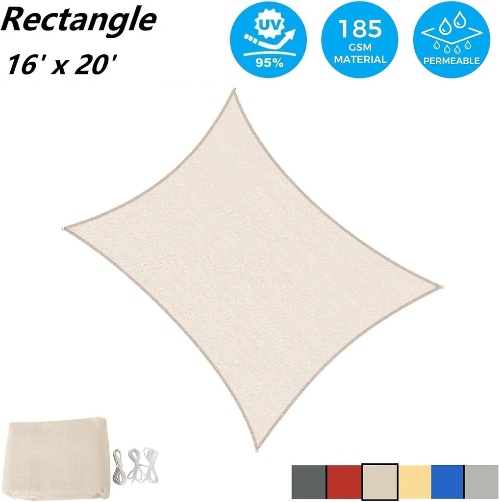 Sun Shade Sail Rectangle 16' x 20' UV Block Canopy Backyard Lawn Garden Outdoor Activities, Cream