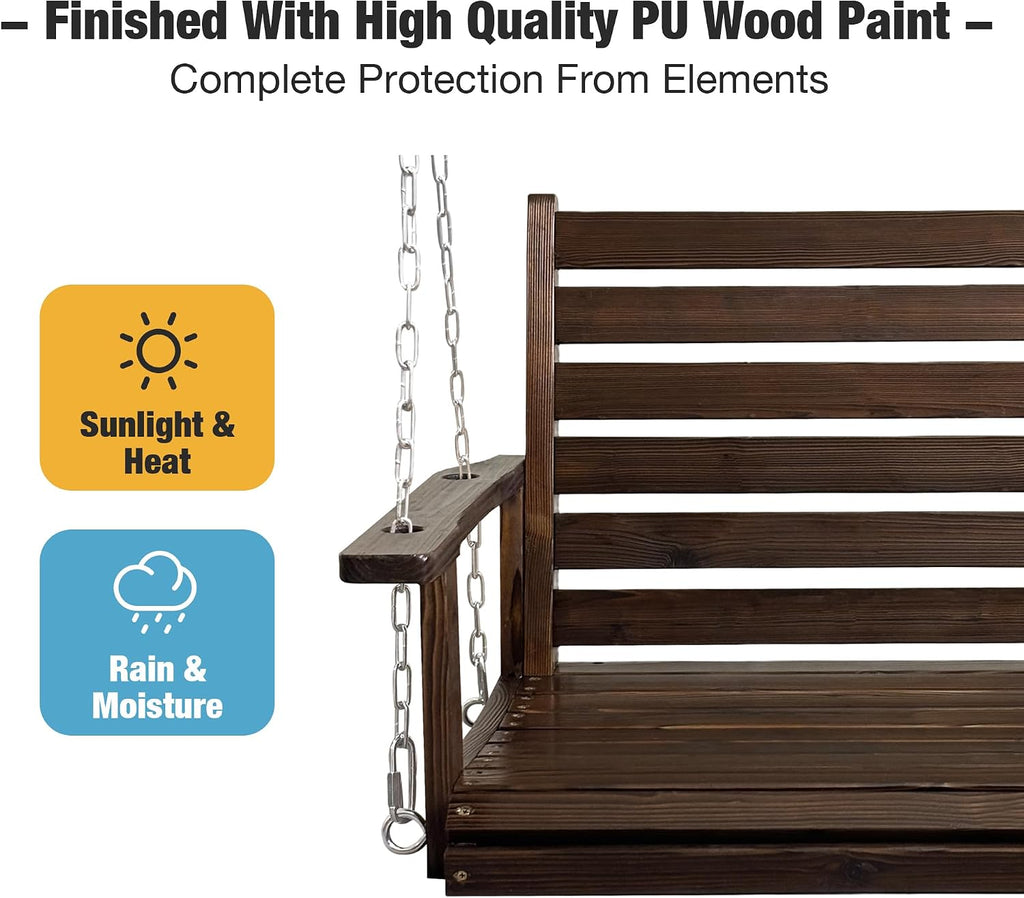 Wooden Porch Swing, Ergonomic Seat, Bench Swing with Hanging Chains and 7mm Springs, Heavy Duty 880 LBS, for Outdoor