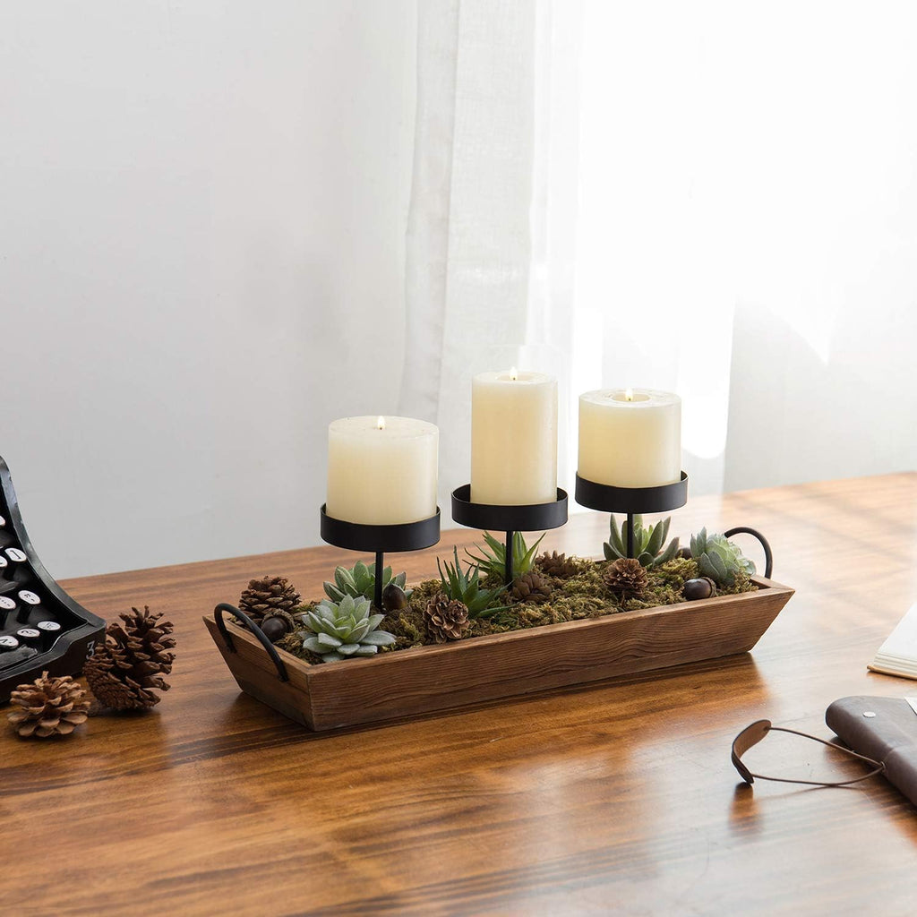 3-Pillar Black Metal Candle Holder with Rustic Wood Tray and Handles, Tabletop/Mantel Centerpiece