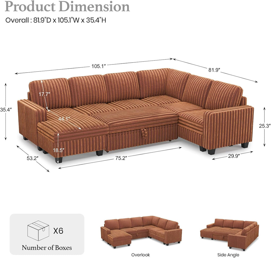Corduroy Sleeper Sofa Bed with Storage Chaise Modular Sectional Sofa Couch with Pull Out Bed L Shaped