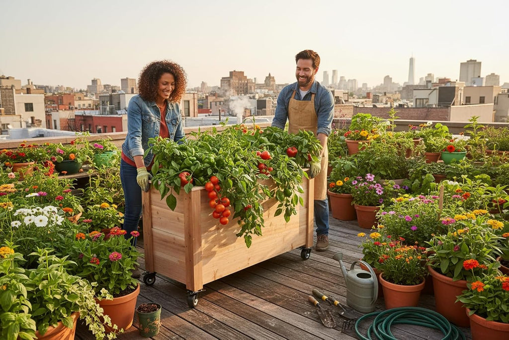Tall Cedar Planter Box with Locking Wheels - Mobile Raised Garden Bed, Balcony & Business Entrances - Wooden Planter