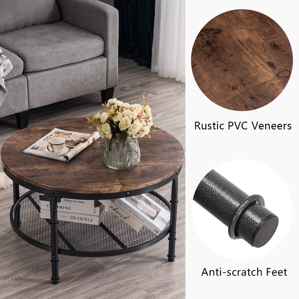 Round Coffee Table with Storage - 31.5" Rustic Farmhouse Design, Industrial Style with Metal Shelf