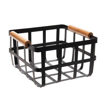 Square Metal Storage Basket with Bamboo Handles | Medium | Farmhouse Style Wire Basket | Home Organizer | Decorative