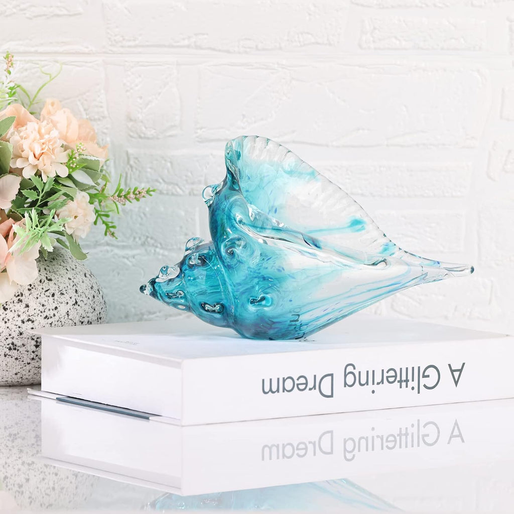Hand-blown glass conch sculpture, modern green sea glass art decorative conch statue, coastal decor shell sculpture
