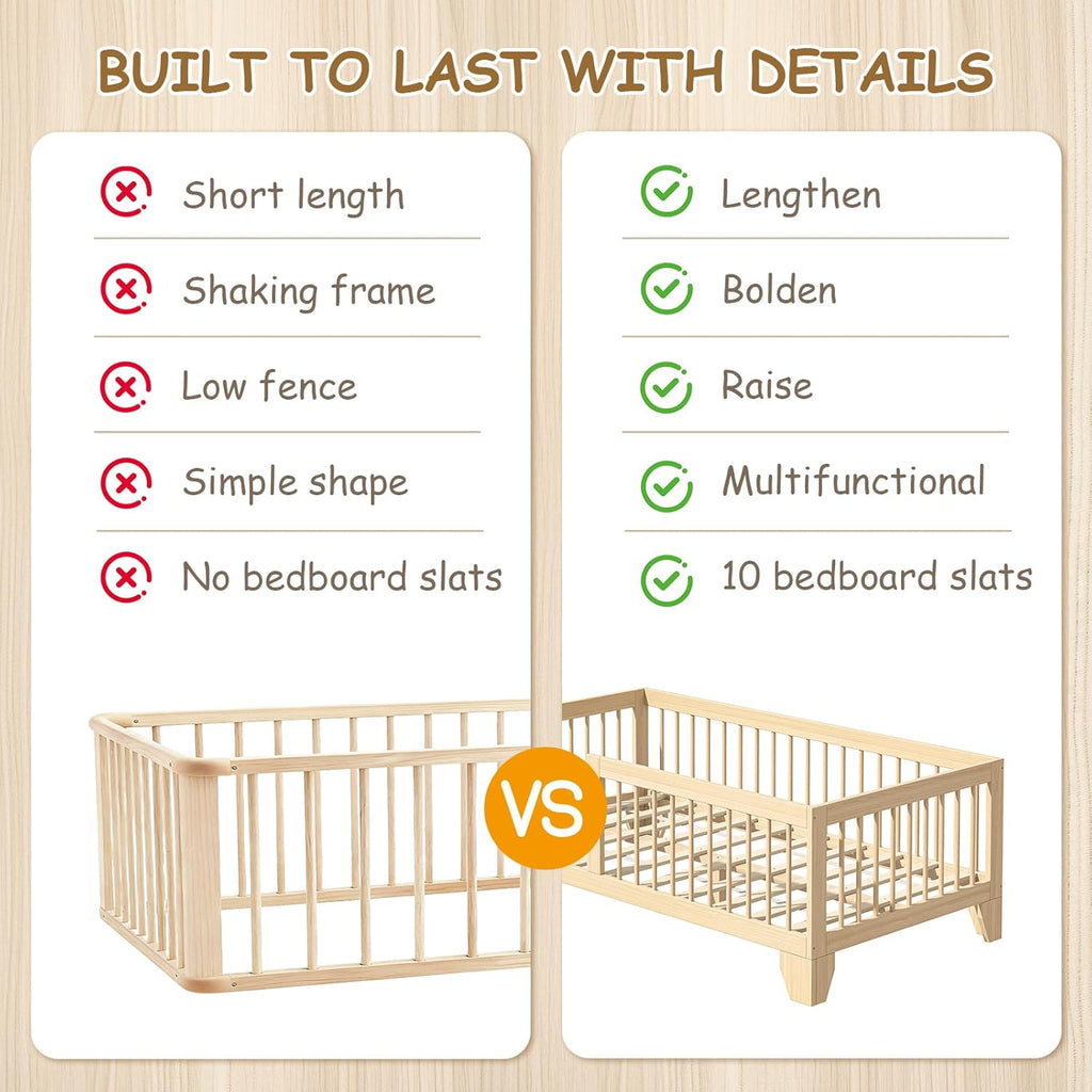 Montessori Toddler Bed, Variable Twin Floor Bed Frame with Removable Guardrails and Legs, Low Wooden Kids Bed with 10
