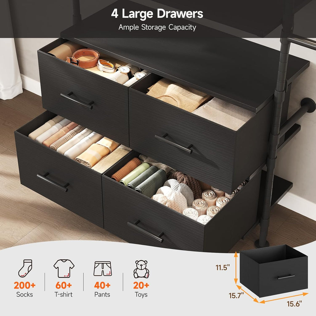 T3 Closet System with Stepless Dimmable LED Light, Industrial Pipe Clothing Rack with 4 Drawers, 6 Wooden Shelves & 4