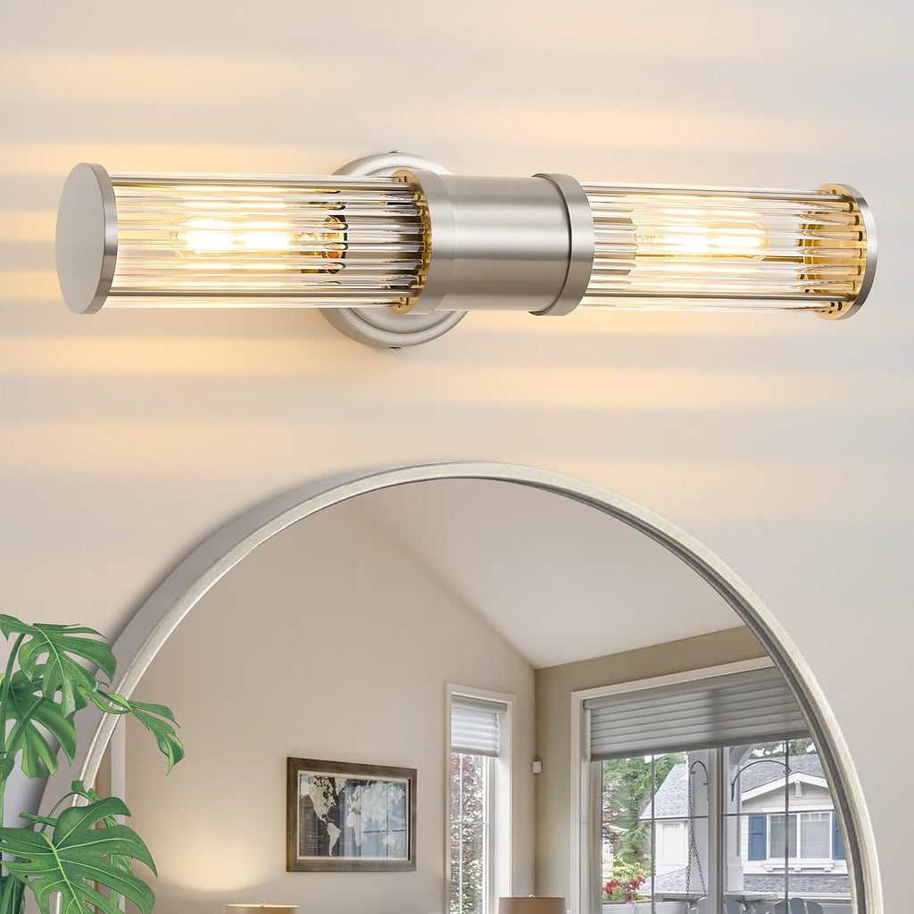 Hardwired Nickel Bathroom Vanity Light Glass Rod Wall Sconce | Up & Down Bidirectional Lighting, Damp Rated s