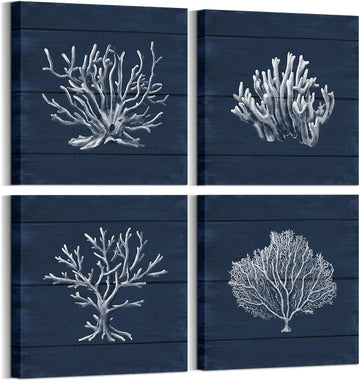 Coral Canvas Wall Art Prints Ocean Navy Blue Coastal Artwork Beach Home Decor Picture Framed Ready to Hang 12"x12"x4