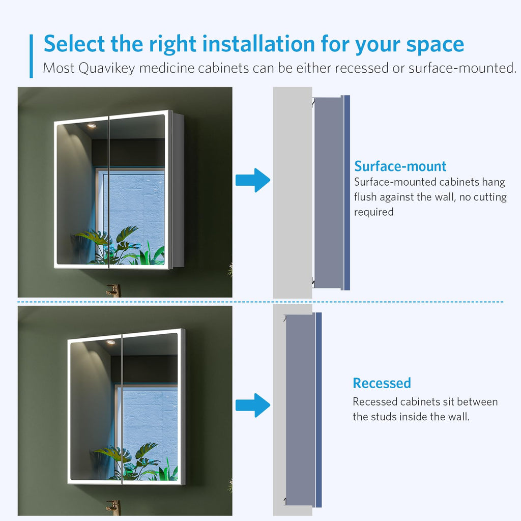 24"x26" LED Mirrored Medicine Cabinet, Recessed or Surface, 2-Door