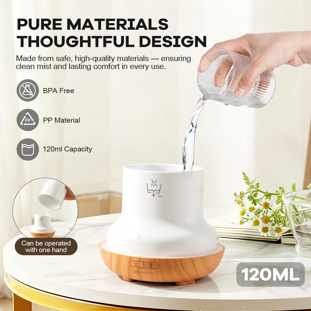 Essential Oil Diffuser with Night Lamp | 120ml USB Portable Aroma Diffuser with Wood-Grain Base & Glass-Look Cover