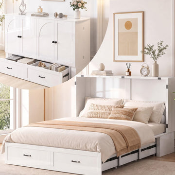 Queen Size Murphy Bed Cabinet with Mattress Included, USB Charging Station, Storage Drawer, Panel, 63.39" Width Chest