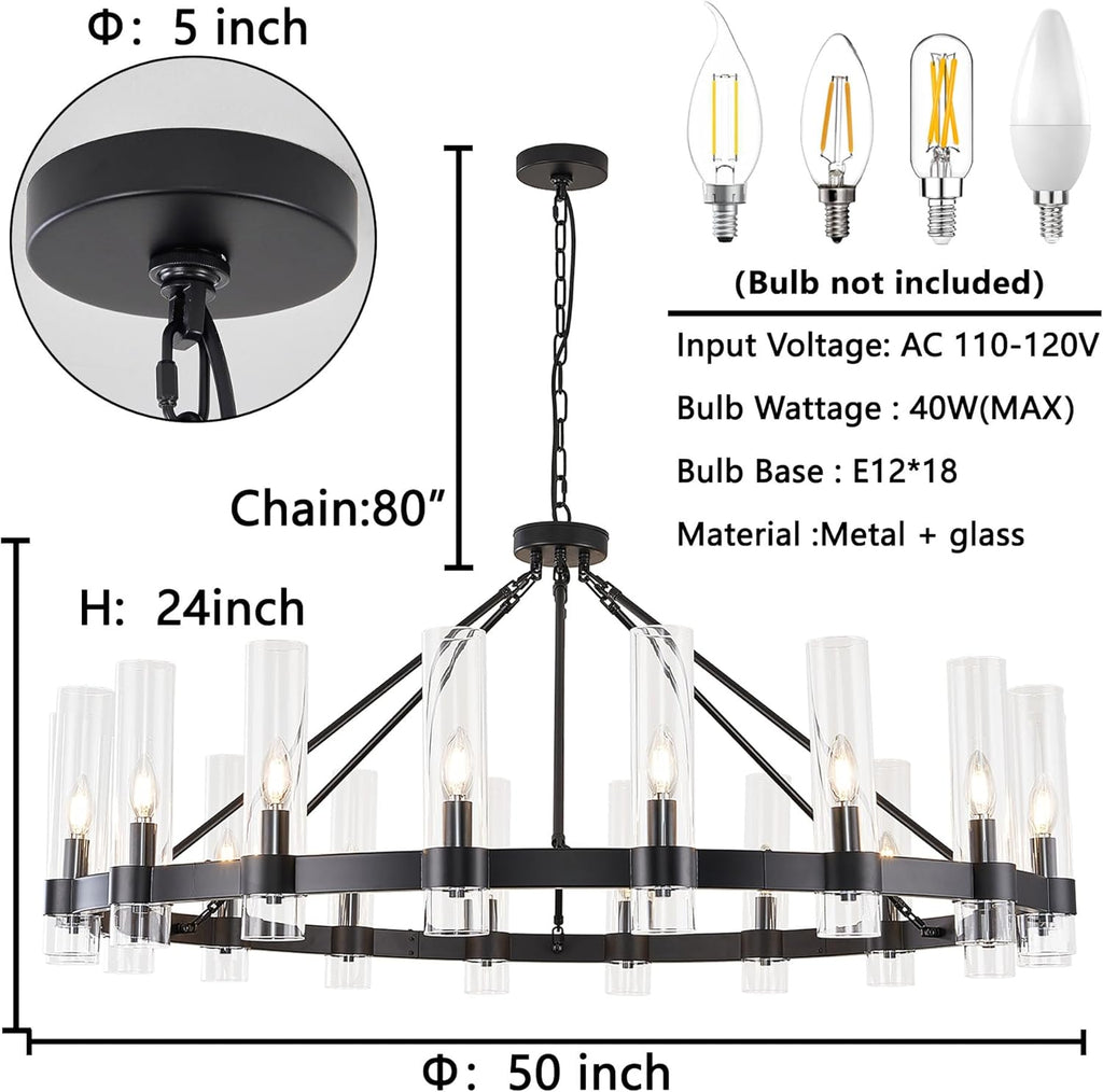 Inspired Ravelle Style Black Wagon Wheel Chandelier with Glass Shape Large Farmhouse Chandeliers Lighting,Hanging Ceiling Round Pendant Light Fixtures for High Ceiling (Black + Glass Shape)