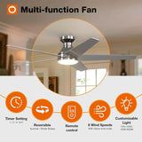 Ceiling Fans with Lights, 52 inch Low Profile Ceiling Fan with Light and Remote Control, Flush Mount, Reversible, 3CCT, Dimmable, Noiseless, Nickel Ceiling Fan for Bedroom, Indoor/Outdoor Use A103-B0CLNKVRZW